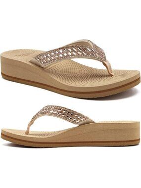 Women's Beige Comfortable Rhinestone Support Casual Flip Flops Stylish Sandals